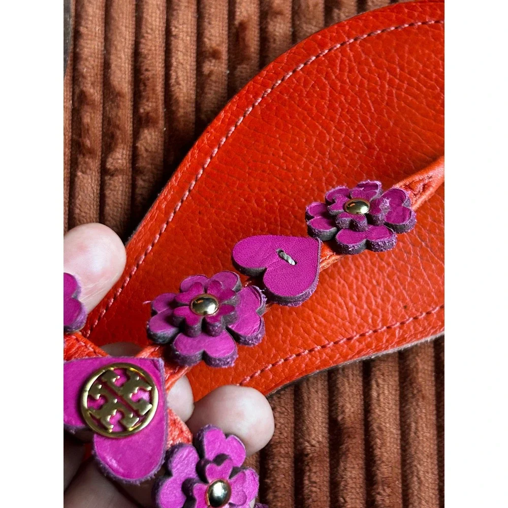 Tory Burch Sandals Women's Size 6.5 Orange Good Floral Heart Appliqué